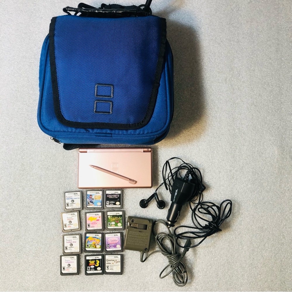 Nintendo DS Lite Pink Handheld Console Bundle w/ 12 Games Case Charger Tested